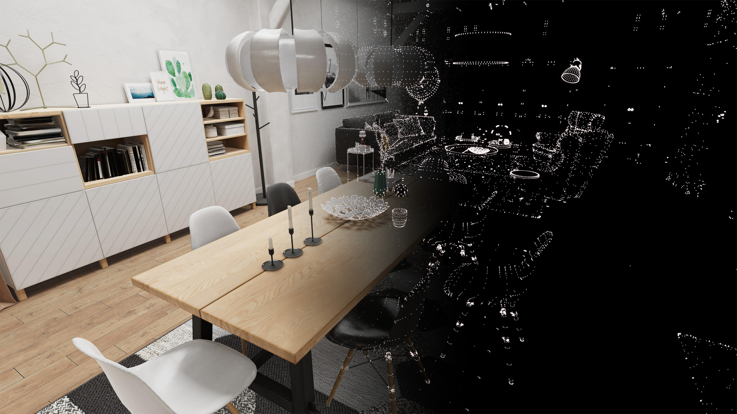 VR depiction of a room with table and chairs at left; at right are points representing the outlines of furnishings