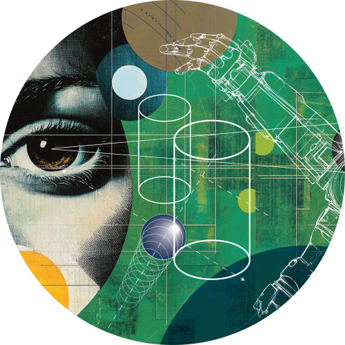 Stylized graphic of an eye alongside geometric shapes and robotic forms