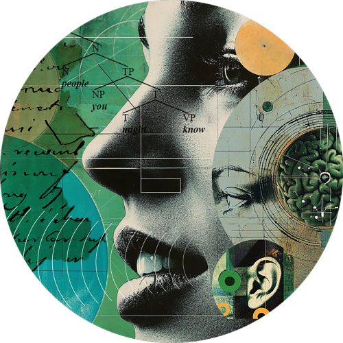 Language & Thought Mission graphic. Face with stylized text and circles.