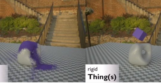 computer generated scene including purple grains (on left) and a purple block (on right)