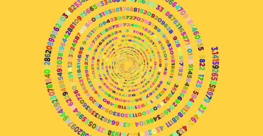 digits of pi in a spiral on a yellow background 
