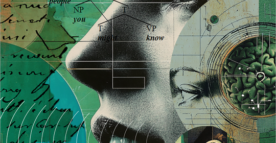 stylized image of a head, with writing and sound waves