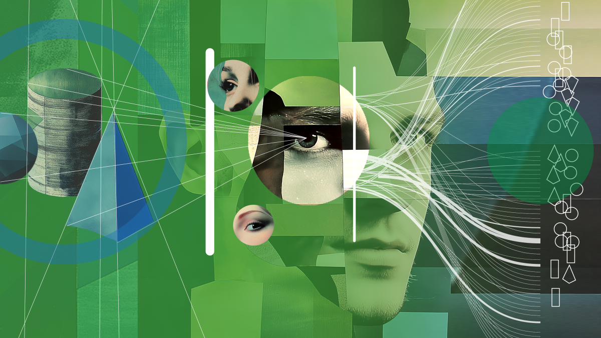 collage of faces, eyes, and data streams