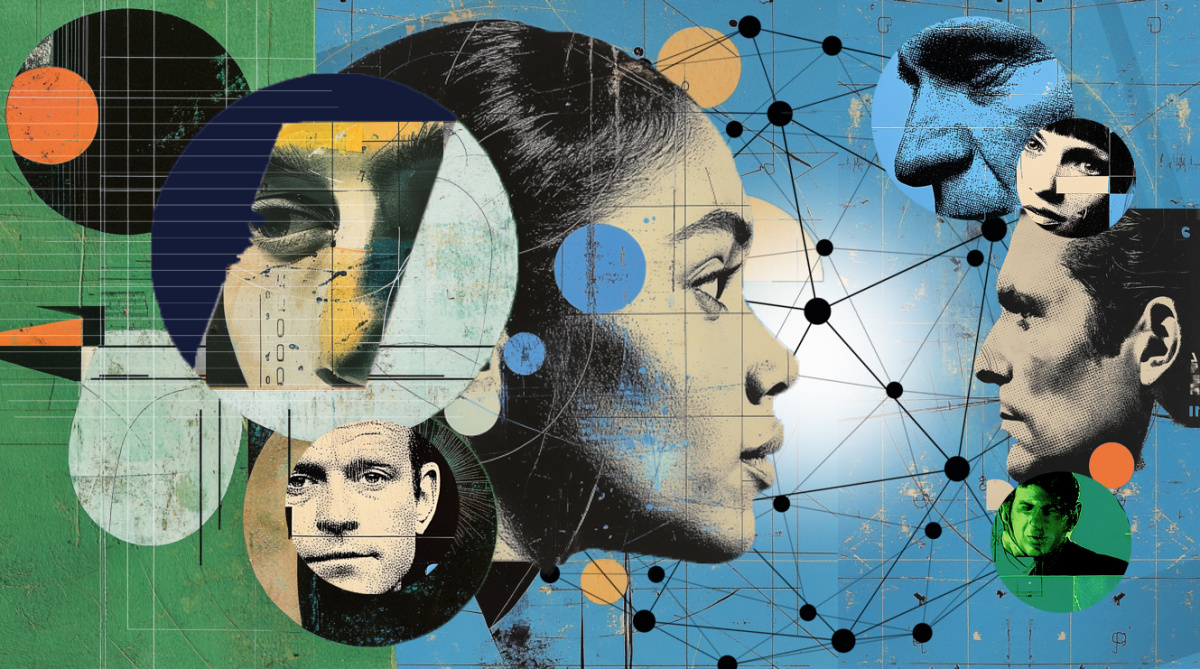 collage of faces, shapes, and a network