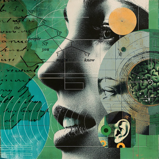 image collage of face, ear, brain, writing, and sound waves
