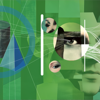 collage of faces, eyes, and data streams
