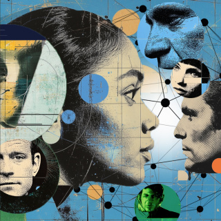 collage of faces, shapes, and a network