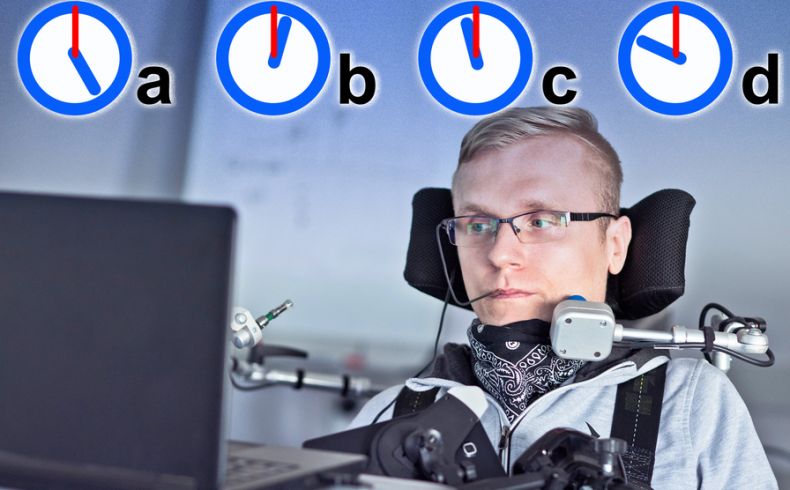 A man sits in a chair looking at a screen with devices near his face. Illustrations of four analog clocks showing different times are superimposed. 