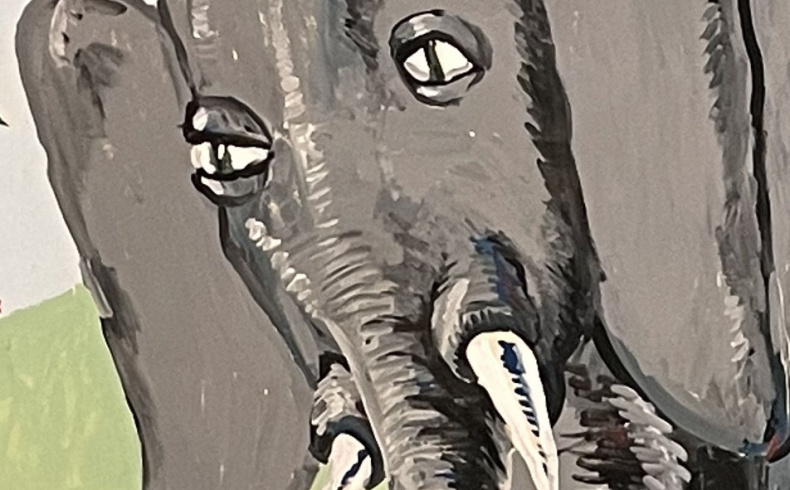 Mural of the story of the blind men and the elephant, on display in MIT's Hayden Library.