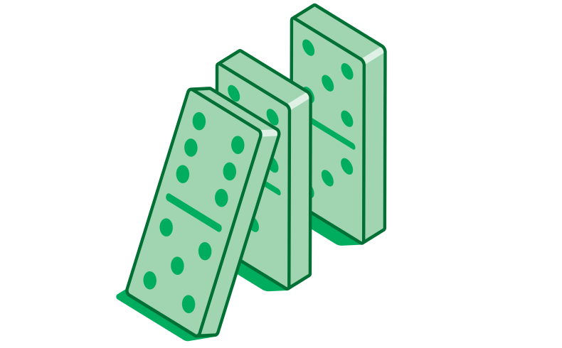 cartoon of three green dominoes standing on end, the one in the front is toppling into the others