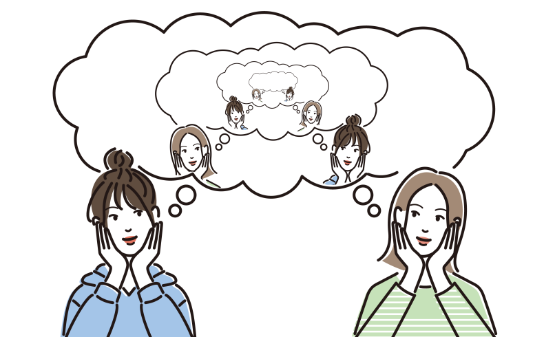 cartoon of two women with thought bubbles showing them imagining what the other is thinking 