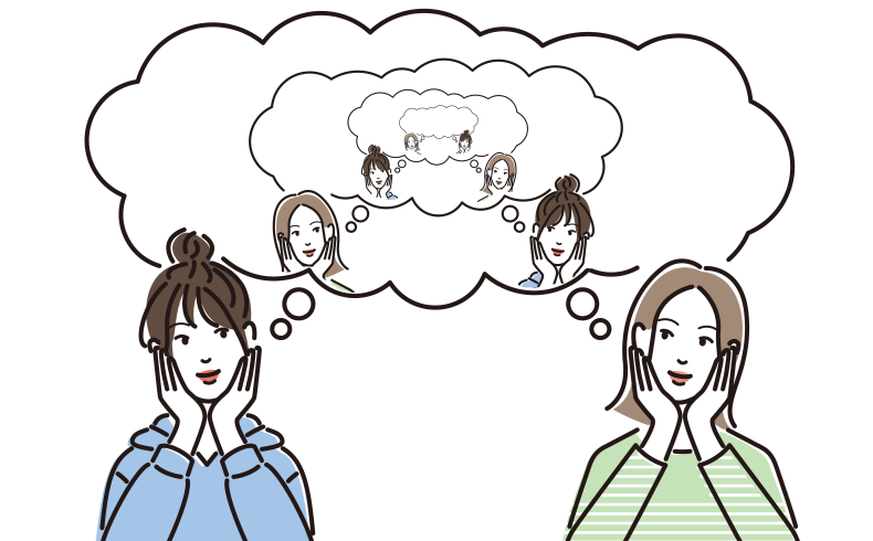 cartoon of 2 women, with a thought bubble showing the same 2 women, with another thought bubble