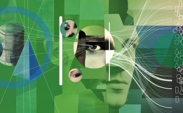 image collage of faces, eyes, and shapes