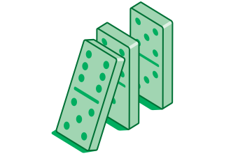 cartoon of three green dominoes standing on end, the one in the front is toppling into the others