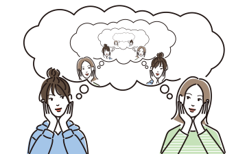 cartoon of two women with thought bubbles showing them imagining what the other is thinking 